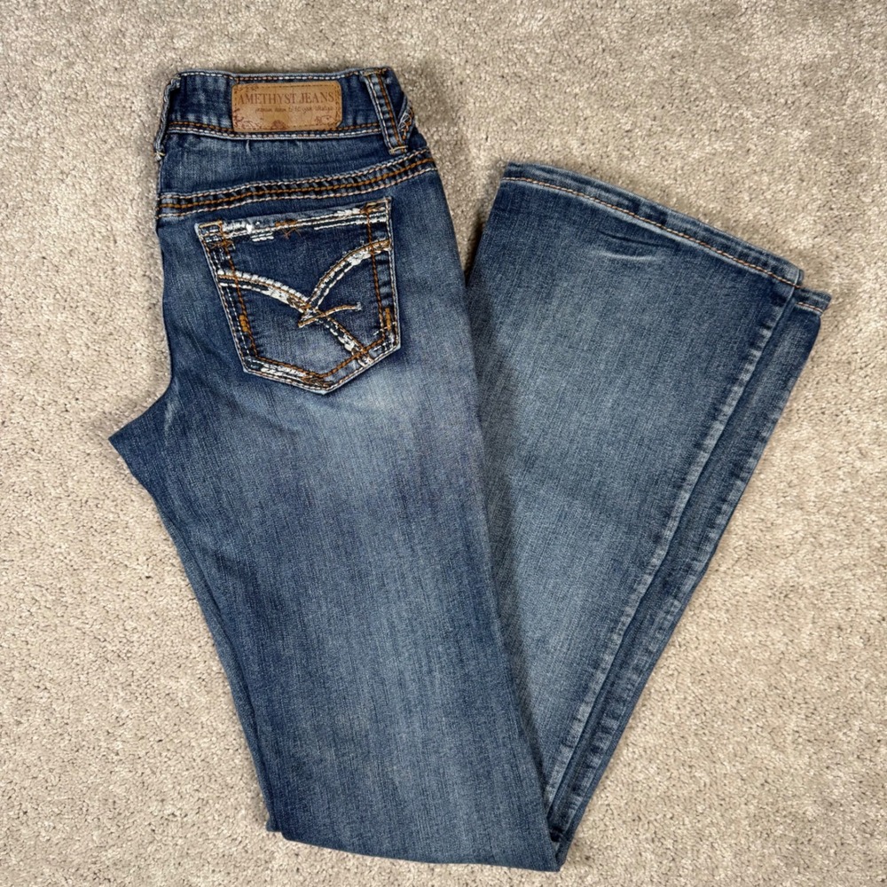 Amethyst Jeans Womens 7 Tall Blue Low Rise Flare Bootcut Contrast Stitch Denim